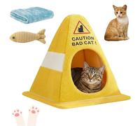 Caution Bad Cat Bed, 2026 Cute Soft Fleece Cozy Zipper Pet House with Detachable Inner Padding, Non-Slip Bottom, Warm Fleece Pet Tent House for Indoor Cat, Small Dog (Amarillo, M: 15.7" x 15.7" x 14.2