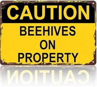 Caution Beehives On Property Sign Vintage Metal Tin Sign Warning Wall Decor for Apiary Orchard Farm Garden 8 X 12 in
