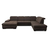 CAVADORE Lexi en forma de U con tumbona XXL, incluye cama, cajón, espacio de almacenamiento y función de cabecero, fácil eliminación de manchas gracias a Soft Clean, 329 x 82-99 x 224 cm, tejido plano: marrón