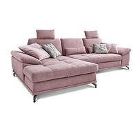 CAVADORE Sofá Cama Castiel en Forma de L con muelles/Sofá Cama Grande en Forma de L con cajón, Altura del Asiento, reposacabezas y Silla Larga XL, 312 x 114 x 173, Tejido de Tela, Color Lila y Rosa