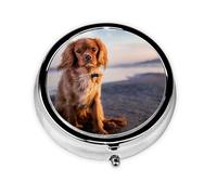 Cavalier King Charles Spaniel Costa Mascotas Perros, Pastillero, Pastillero redondo Pequeño contenedor de pastillas Organizador de pastillas de viaje