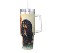 Cavalier King Charles Spaniel negro dorado,Vaso Ice Bully de 40 oz con asa, tapa, pajita, de acero inoxidable, taza de café para coche.