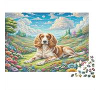 Cavalier King Charles Spaniel Rompecabezas de Papel Cocker Spaniel Tumbado en Prado de Flores Coloridas, Set de Regalo de cumpleaños para Entrenamiento Cerebral 38x26cm/1000 Piezas