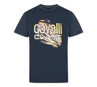 Cavalli Class Slashed Tiger Print Bold Logo Navy T-Shirt