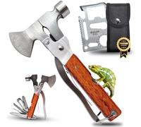 CAVECA Herramienta Multiusos 18 en 1 de Acero Inoxidable con Mango de Madera + REGALO Tarjeta Mulitusos, Hacha Multiusos de Supervivencia, Hacha Multiherramienta Plegable con Martillo Multiusos.