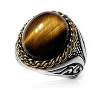 CAVIEA Anillo de ojo de tigre para hombre, anillo vintage de acero inoxidable 316L con acento de cuerda dorada, anillo ovalado de piedra natural, joyería gótica retro, Metal, Sin piedra preciosa
