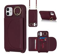 Cavor Copmob Funda iPhone 11 con Cuerda,Carcasa iPhone 11,Flip Billetera Funda de Cuero,[3 Ranuras][Magnetica][con Soporte de Anillo],Carcasa Protector Funda para iPhone 11 - Rojo Oscuro
