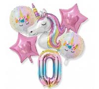 CavspkArt Juego de 6 globos de unicornio, unicornio 3D autónomo, número grande 0, globos de aluminio de estrella para niñas, kit de decoración de fiesta de cumpleaños, tema de arcoíris morado y rosa