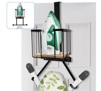 CAVWVTYU Soporte para tabla de planchar, soporte de pared con cesta de almacenamiento grande y ganchos fuertes, soporte para plancha y tabla de planchar para la lavandería, sostiene planchas, tablas