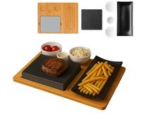 CAWI Tabla para carne, tabla de servir de piedra volcánica, tabla de bambú con parrilla de piedra caliente, placa para carne, placa de piedra, juego de barbacoa de mesa