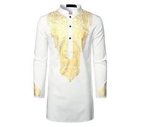 Caxndycing Abaya - Ropa de oración para hombre musulmana con estampado caftán islámico Royalty Dubai, cuello redondo, manga larga, túnicas retro, disfraz de jeque suelto Kandoura, Blanco, L