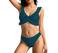 Caxndycing Bikini para mujer, bikini para mujer, cintura alta, cuello en V, a rayas, push-up, parte superior con cordón, cintura alta, triángulo, traje de baño de dos piezas, verde oscuro, L