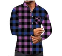 Caxndycing Camisa a cuadros para hombre, manga larga, patchwork, a cuadros, bloque de color, camisa de cuello alto, camisa tradicional con botones, camisa de leñador, camisa de franela, morado, XXL