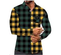 Caxndycing Camisa a cuadros para hombre, manga larga, patchwork, a cuadros, bloque de color, camisa de cuello alto, camisa tradicional con botones, camisa de leñador, camisa de franela, amarillo, M