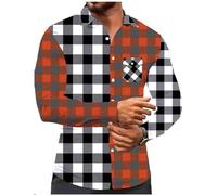 Caxndycing Camisa a cuadros para hombre, manga larga, patchwork, a cuadros, bloque de color, camisa de cuello alto, camisa tradicional con botones, camisa de leñador, camisa de franela, naranja, XL