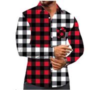 Caxndycing Camisa a cuadros para hombre, manga larga, patchwork, a cuadros, bloque de color, camisa de cuello alto, camisa tradicional con botones, camisa de leñador, camisa de franela, rojo, L