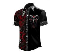 Caxndycing Camisa de calavera para hombre, manga corta, solapa, camisa de verano gótica, esqueleto de manga corta, camisa hawaiana, vintage, steampunk, camisa de ocio, camisa retro para traje regional
