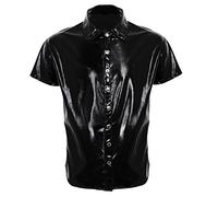 Caxndycing Camisa de piel para hombre con aspecto lacado, corte ajustado, látex, brillante, con bolsillos en el pecho, aspecto mojado, camiseta de manga corta, de piel sintética, para el tiempo libre