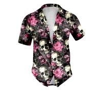 Caxndycing Camisa de verano para hombre, diseño retro de rosa, diseño de calavera, solapa con botones, manga corta, camiseta gótica, esqueleto, camisa de vacaciones, playas, vintage, camisa hawaiana,