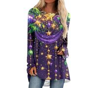 Caxndycing Camiseta de manga larga para mujer, camiseta de manga larga para mujer, con aspecto de lentejuelas, estampado brillante, informal, holgada, cuello de pico, camiseta larga estampada, blusa