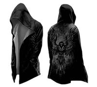 Caxndycing Capazo para hombre de longitud media con capucha, mito nórdico, chaqueta de motorista, ninja, sudadera con capucha, para otoño e invierno, abrigo medieval, regalo de Halloween, Negro 01., L
