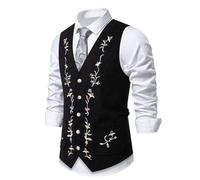 Caxndycing Chaleco para hombre con bordado de flores, chaleco de traje formal para boda, clásico, retro, algodón, cuello en V, monocolor, elegante, chaleco de fiesta de negocios, traje vintage,