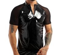 Caxndycing Chaqueta de aspecto lacado para hombre, abrigo corto, aspecto mojado, top de manga larga, piel sintética, camiseta de corte ajustado, látex, brillante, tops de fiesta, con cremallera, Negro