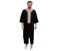 Caxndycing Estampado musulmán Caftán Hombres Ropa Islámica Manga Larga O-Cuello Thobe Retro Hombres Abaya Camisas Ropa Árabe Camisa Tradicional, Negro , S