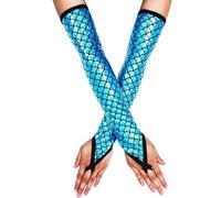 Caxndycing Guantes sin dedos para mujer, diseño de sirena, talla única, brillante, escamas de pescado impresas, calentadores largos para fiestas temáticas, carnaval, azul celeste, Talla única