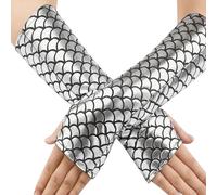 Caxndycing Guantes sin dedos para mujer, escamas de pescado brillantes, guantes largos impresos, para niñas, medio brazo sin dedos, accesorios para disfraz de Halloween, para fiestas temáticas de