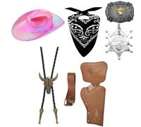 Caxndycing Juego de accesorios de disfraz de vaquero de lujo, kit de disfraz de vaquero occidental con sombrero, bandana de cachemira, cinturón, hebilla de bolo, corbata, collar, insignia de sheriff