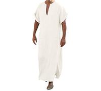 Caxndycing Kaftan Algodón Lino Verano Cool Jilbab Musulmán Robe Oración Ropa para Hombres Islámica Thobe Marroquí Afgano Árabe Túnica Abaya, Blanco, L