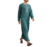 Caxndycing Kaftan Hombres Musulmanes Bata Botón Down Djellaba Manga Larga Thobe Monocolor Camisas Casual Negro Blanco Tradicional Ropa India Vestido Camisero Musulmán, verde oscuro, L