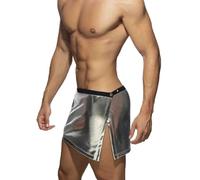 Caxndycing Mini faldas para hombre con purpurina metálica, falda rave, brillante, para discoteca, cosplay, aspecto mojado, atractiva, falda cruzada, falda corta, ropa de dormir erótica, plata, Talla