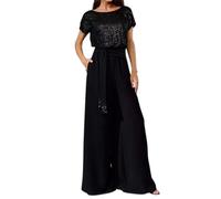 Caxndycing Mono elegante con purpurina para mujer, tallas grandes, traje de pantalón largo con cuello en V, de una pieza, para bodas, invitados, fiestas, mamelucos, pantalones de pierna ancha, Negro