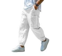 Caxndycing Pantalones de lino para hombre, largos, monocolor, pantalones de trabajo, ligeros, cómodos, chinos, con goma elástica, pantalones deportivos sueltos, Blanco, XXL