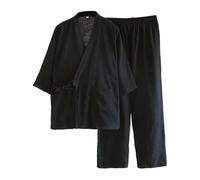 Caxndycing Pijama para hombre Kimono japonés con cuello en V, conjunto japonés de dos piezas, par de yukata, traje suelto que absorbe el sudor, ropa de dormir para el hogar, Negro , XXL