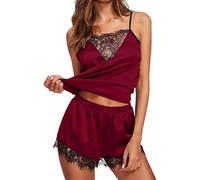 Caxndycing Pijama para mujer, juego de pijama corto de verano con tirantes delgados, ropa de dormir Cami Top y pantalones cortos de encaje con cuello en V Traje de casa Sleepwear Loungewear, Vino, S