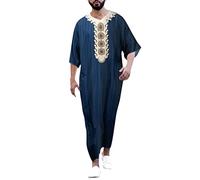Caxndycing Vestido musulmán para hombre de Oriente Medio, túnicas de Arabia Saudita, cuello bordado, caftán de oración, tóbe, vestido marroquí islámico, azul oscuro, XXL