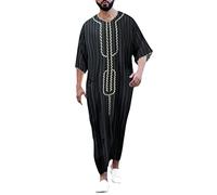 Caxndycing Vestido musulmán para hombre de Oriente Medio, túnicas de Arabia Saudita, cuello bordado, caftán de oración, tóbe, vestido marroquí islámico, Negro , XXXL