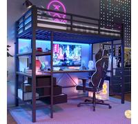 Cayipng Cama alta 90 x 200 cm con luz LED y puerto USB, cama para niños 90 x 200, litera con escritorio, toma de corriente, puerta de cama, 3 cajones, color negro