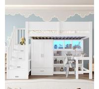 Cayipng Cama Alta con Escritorio+Armario+LED,Cama Alta de 90x200 cm con Cajón,Compartimentos,Escalera con almacenaje,litera para niños Que Ahorra Espacio con somier de láminas,Blanco(Pino Macizo)
