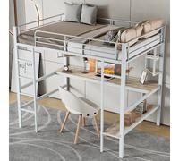 Cayipng Cama alta para niños, 90 x 200 cm, estructura de metal, cama de hierro con escritorio, cama alta con cuatro pequeños estantes y una gran librería para niños, adolescentes y adultos, color