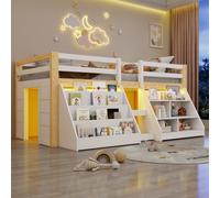 Cayipng Cama Castillo a Media Altura 90x200 cm, Cama para niños, Cama Doble Castillo, con más estantes, esponjas de protección y Escalera, de Madera de Pino (Blanco + Natural)
