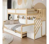 Cayipng Cama de los niños, Litera de Madera con protección contra caídas y barandilla, 3 Posiciones de Cama diseñado, con Cama Nido, Armario, Escalera de Esquina.