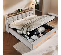 Cayipng Cama de matrimonio 180 x 200 cm con USB y LED, canapé de lino, cama juvenil beige (sin colchón)contenedor