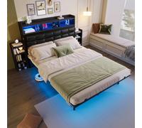 Cayipng Cama de Matrimonio con LED y regleta USB,Tipo-c,Cama tapizada 140 * 190 con 2 mesillas extraíbles,cabecero con almacenaje,somier metálico,Somier de láminas,Sin colchón,Gris