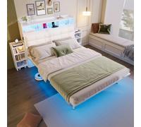 Cayipng Cama de Matrimonio con LED y regleta USB,Tipo-c,Cama tapizada 140 * 190 con 2 mesillas extraíbles,cabecero con almacenaje,somier metálico,Somier de láminas,Sin colchón,Blanco