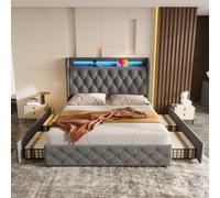 Cayipng Cama de matrimonio de 140 x 190 cm con Type-C+USB + toma de pared, cama acolchada de terciopelo con LED 16 colores (control App/mando a distancia, 4 cajones intercambiables con ruedas +