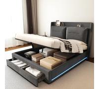 Cayipng Cama de Plataforma con luz LED, Cama hidráulica de Terciopelo, cajones de almacenaje 2 en 1 en el Extremo, somier de láminas, sin colchón (Gris Oscuro+ 140cm*200cm)